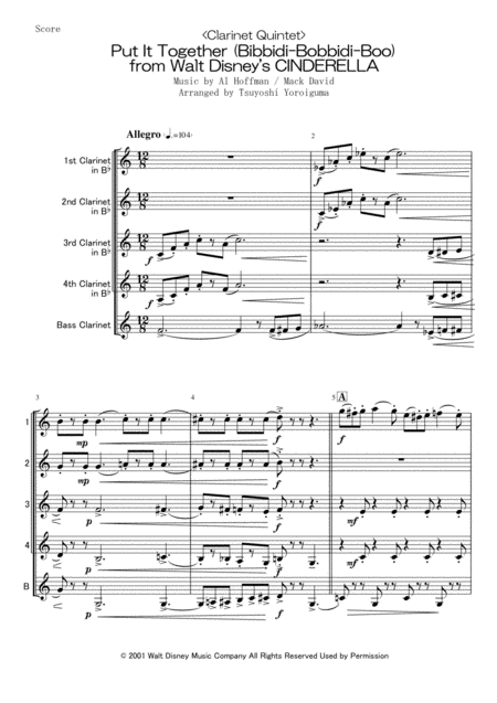 Free Sheet Music Clarinet Quintet Put It Together Bibbidi Bobbidi Boo From Walt Disneys Cinderella