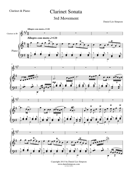 Clarinet Sonata 3rd Mov Allegro Con Moto Sheet Music