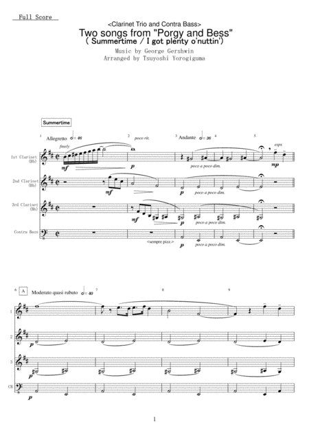 Clarinet Trio And Contra Bass Two Songs From Porgy And Bess Sheet Music