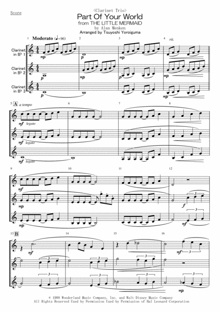 Clarinet Trio Part Of Your World From The Little Mermaid Sheet Music