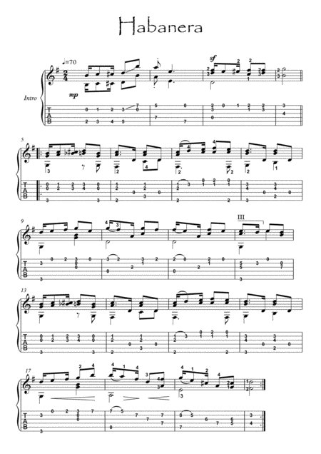 Classical Guitar Solo Habanera Sheet Music