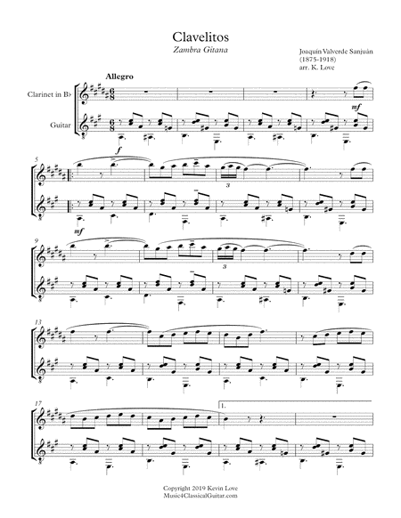 Free Sheet Music Clavelitos Clarinet And Guitar Score And Parts