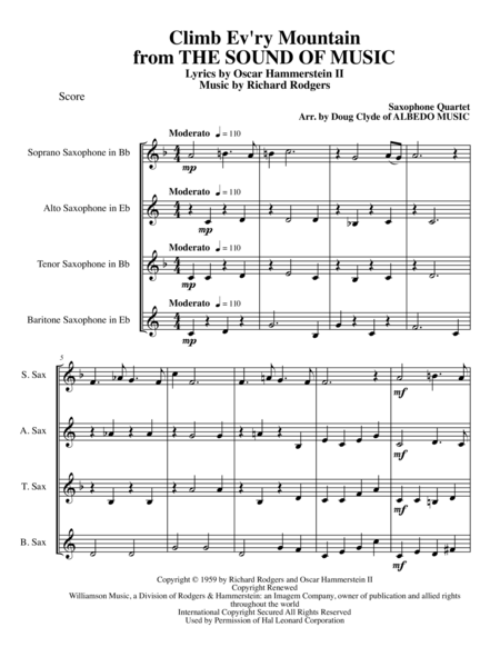 Free Sheet Music Climb Ev Ry Mountain From The Sound Of Music For Saxophone Quartet