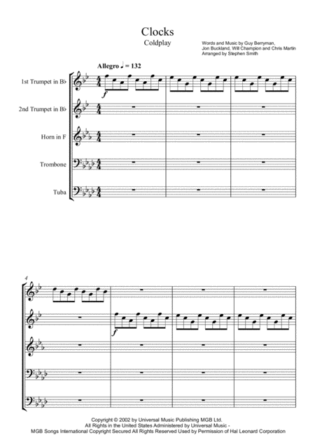 Free Sheet Music Clocks Brass Quintet