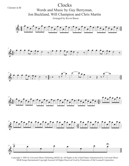 Free Sheet Music Clocks Easy Key Of C Clarinet