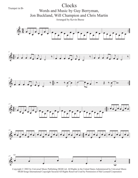 Clocks Easy Key Of C Trumpet Sheet Music