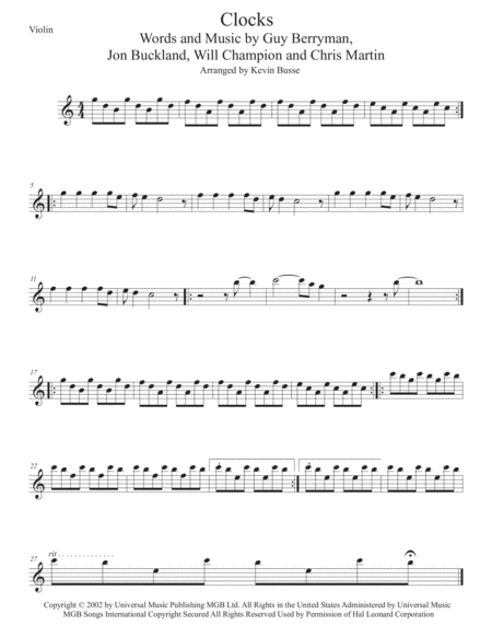 Free Sheet Music Clocks Easy Key Of C Violin