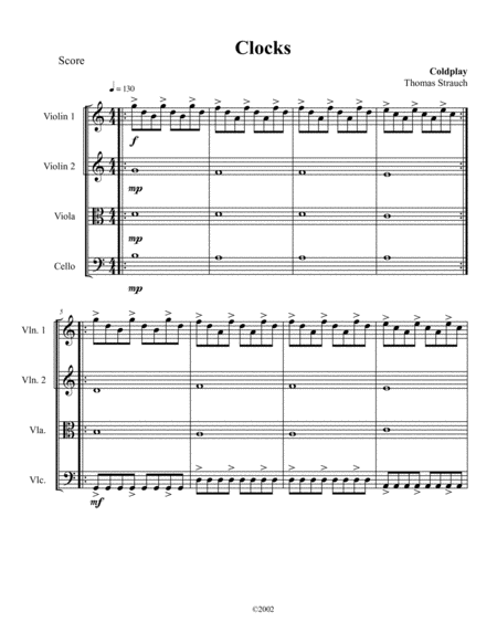 Clocks For String Quartet Easy Intermediate Sheet Music