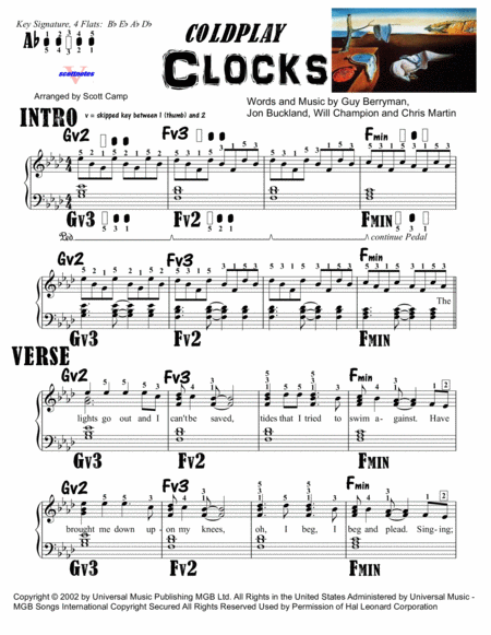 Free Sheet Music Clocks Original Key Ab With All Fingering And Hand Positions