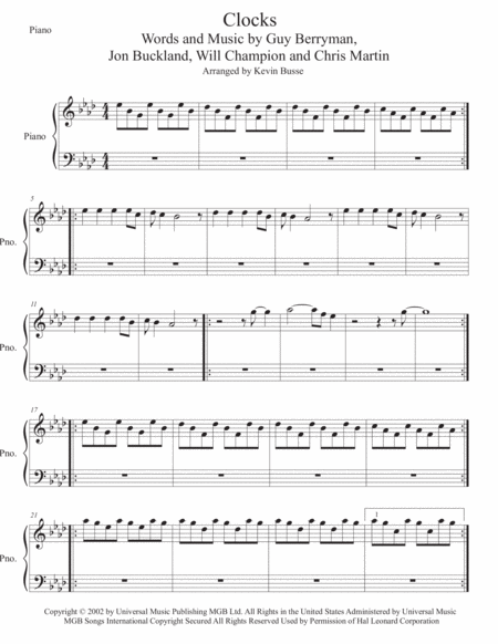 Clocks Original Key Piano Sheet Music