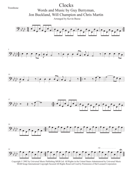 Clocks Original Key Trombone Sheet Music