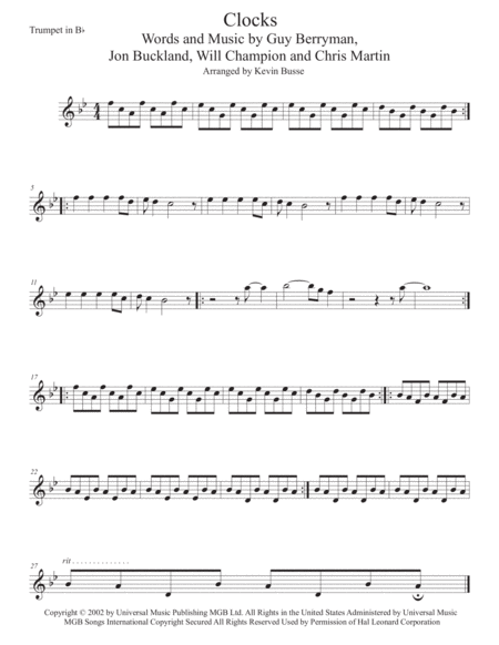 Clocks Original Key Trumpet Sheet Music