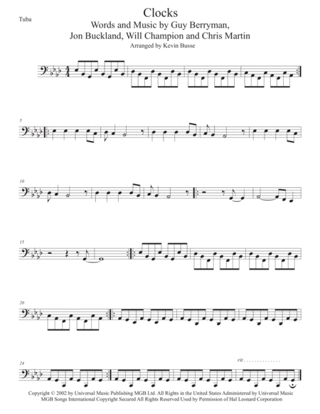 Clocks Original Key Tuba Sheet Music