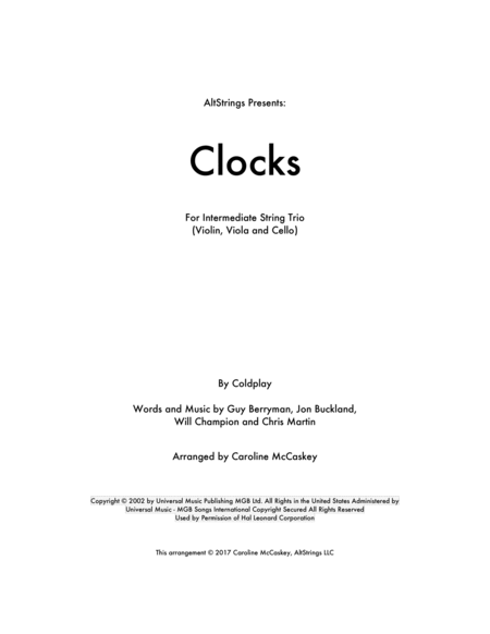 Free Sheet Music Clocks String Trio Violin Viola And Cello