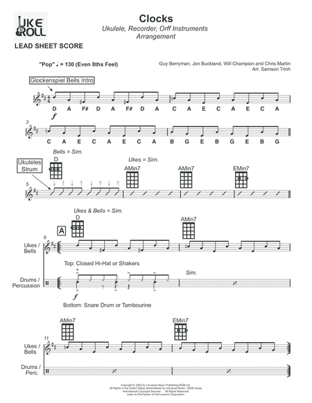 Free Sheet Music Clocks Ukulele Recorder Orff