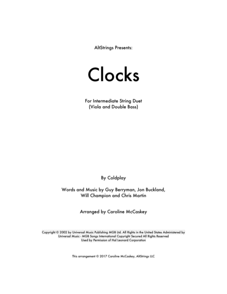 Clocks Viola And Double Bass Duet Sheet Music