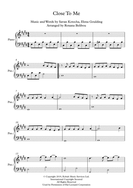 Close To Me By Ellie Goulding Diplo Swae Lee Easy Piano Sheet Music