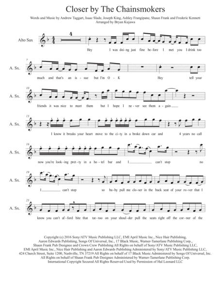 Closer By The Chainsmokers Alto Sax Play Along Sheet Music