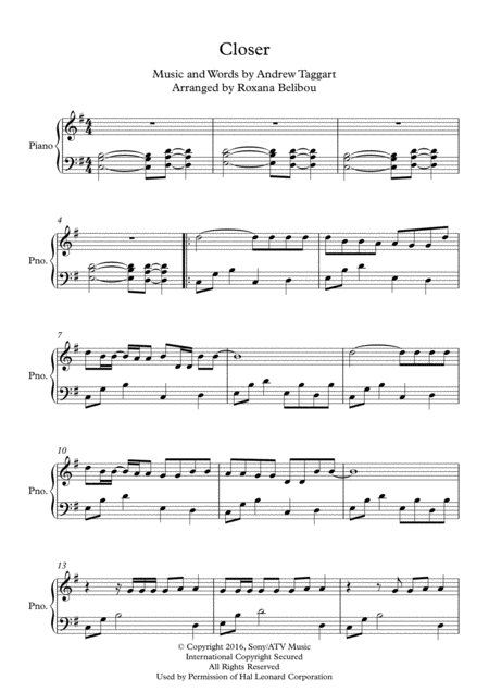 Closer E Minor By The Chainsmokers Featuring Halsey Piano Sheet Music