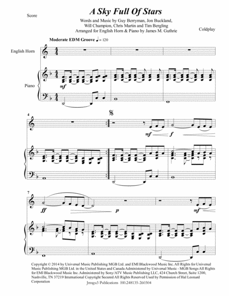Free Sheet Music Coldplay A Sky Full Of Stars For English Horn Piano