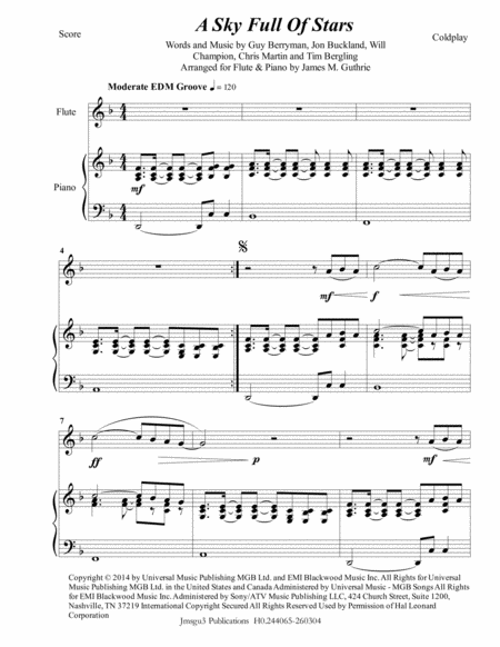 Free Sheet Music Coldplay A Sky Full Of Stars For Flute Piano