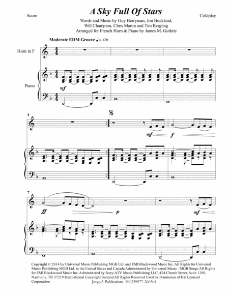 Free Sheet Music Coldplay A Sky Full Of Stars For French Horn Piano