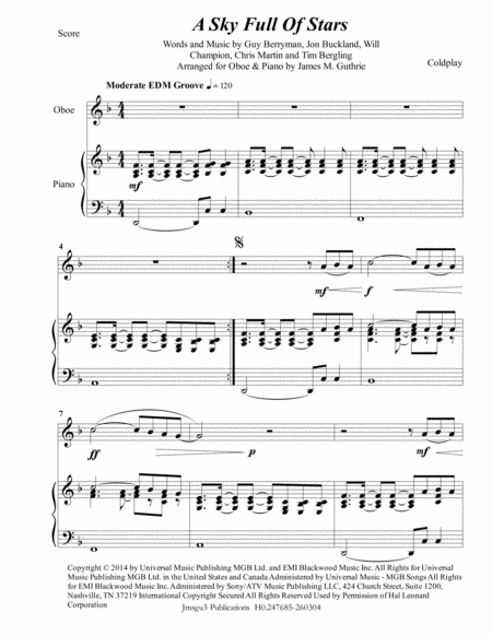 Coldplay A Sky Full Of Stars For Oboe Piano Sheet Music