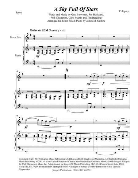 Coldplay A Sky Full Of Stars For Tenor Sax Piano Sheet Music