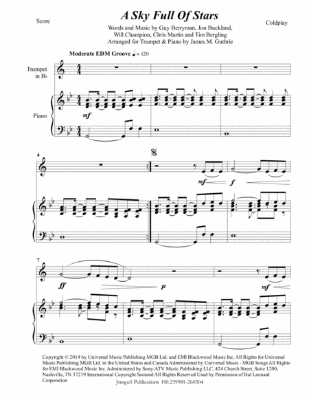 Coldplay A Sky Full Of Stars For Trumpet Piano Sheet Music