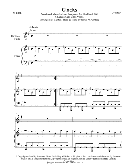 Free Sheet Music Coldplay Clocks For Baritone Horn Piano