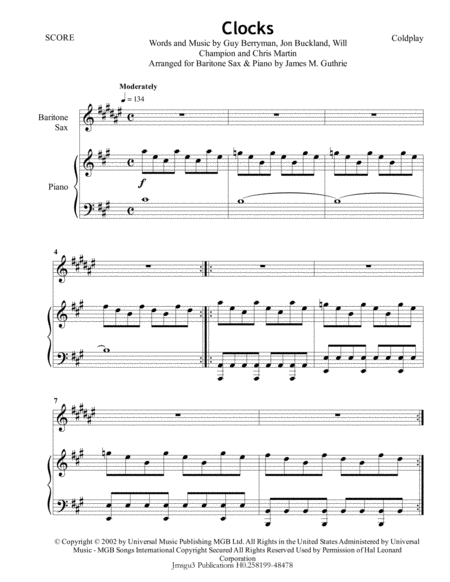 Coldplay Clocks For Baritone Sax Piano Sheet Music