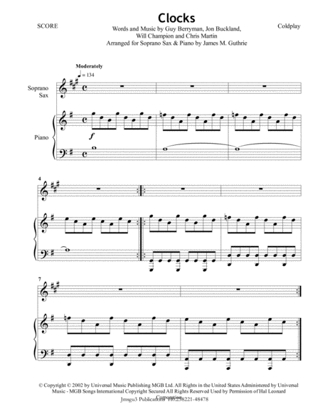 Free Sheet Music Coldplay Clocks For Soprano Sax Piano