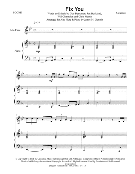 Coldplay Fix You For Alto Flute Piano Sheet Music