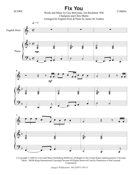 Coldplay Fix You For English Horn Piano Sheet Music