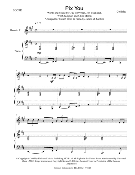 Coldplay Fix You For French Horn Piano Sheet Music