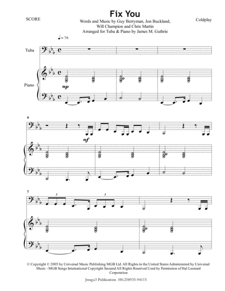 Coldplay Fix You For Tuba Piano Sheet Music