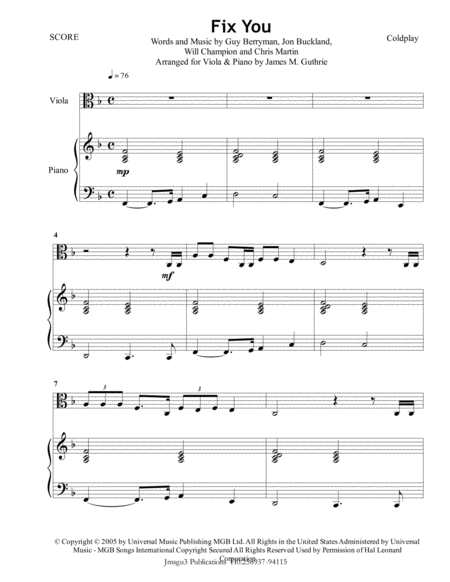 Coldplay Fix You For Viola Piano Sheet Music