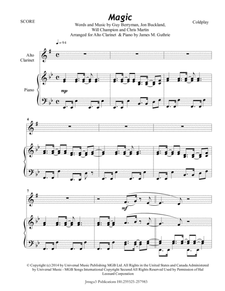 Coldplay Magic For Alto Clarinet Piano Sheet Music