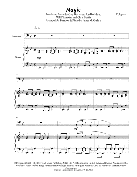 Free Sheet Music Coldplay Magic For Bassoon Piano