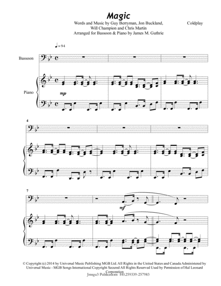 Coldplay Magic For Bassoon Piano Sheet Music