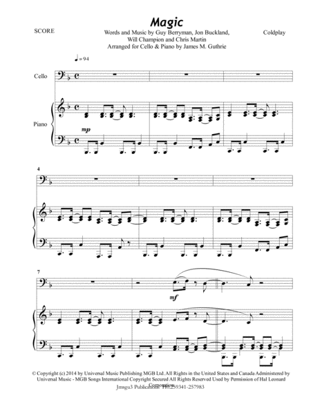 Free Sheet Music Coldplay Magic For Cello Piano