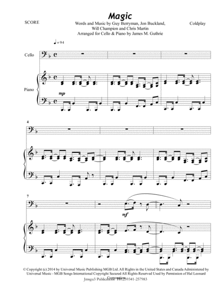 Coldplay Magic For Cello Piano Sheet Music