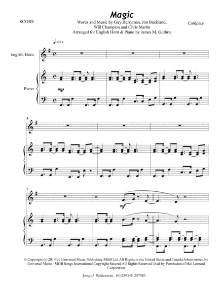 Free Sheet Music Coldplay Magic For English Horn Piano