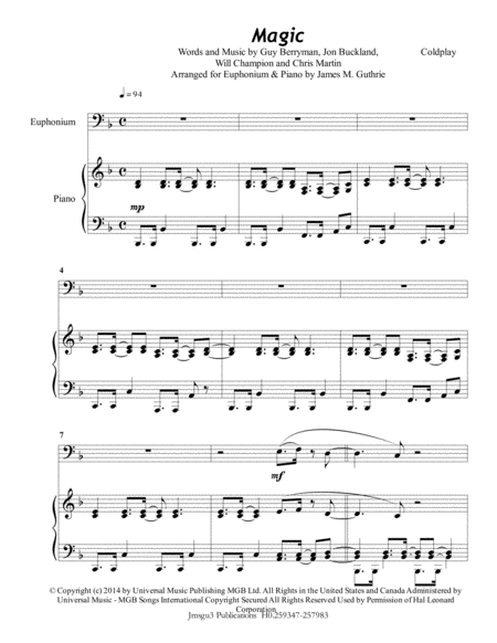 Free Sheet Music Coldplay Magic For Euphonium Piano