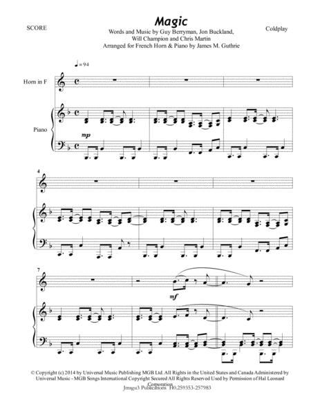 Free Sheet Music Coldplay Magic For French Horn Piano