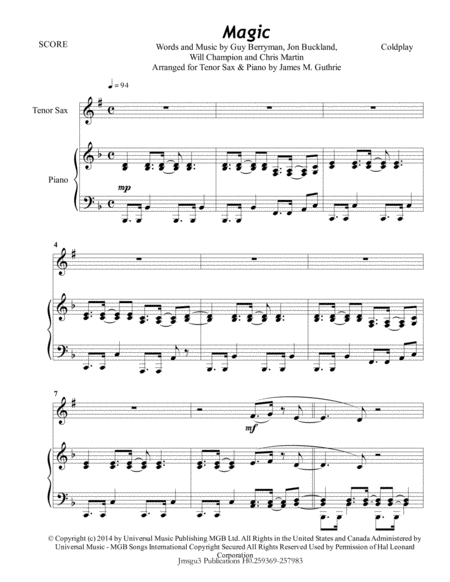 Free Sheet Music Coldplay Magic For Tenor Sax Piano