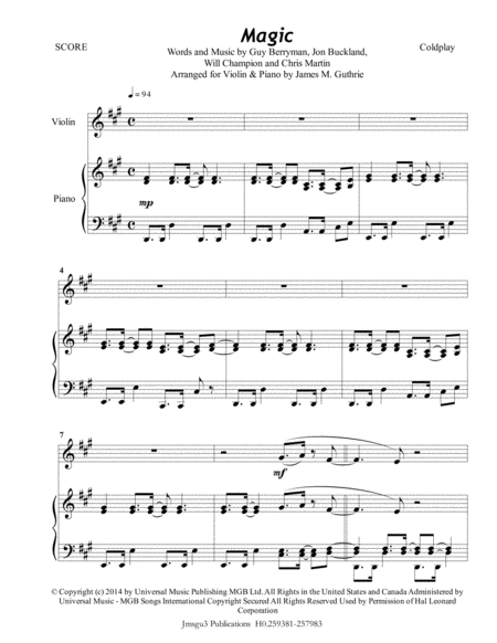 Free Sheet Music Coldplay Magic For Violin Piano