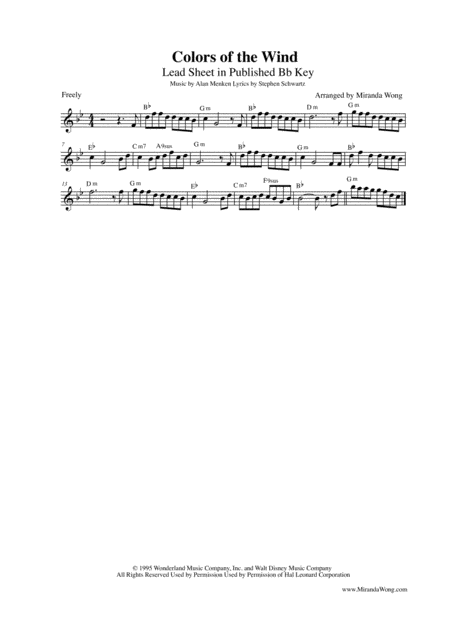 Free Sheet Music Colors Of The Wind Lead Sheet In 5 Different Keys With Chords