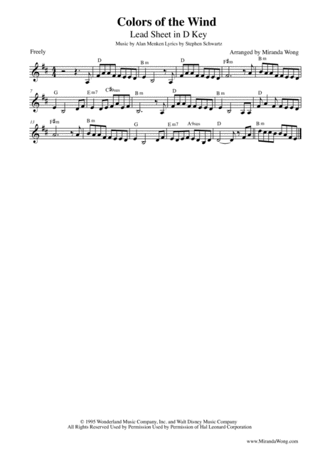 Free Sheet Music Colors Of The Wind Lead Sheet In D Key With Chords