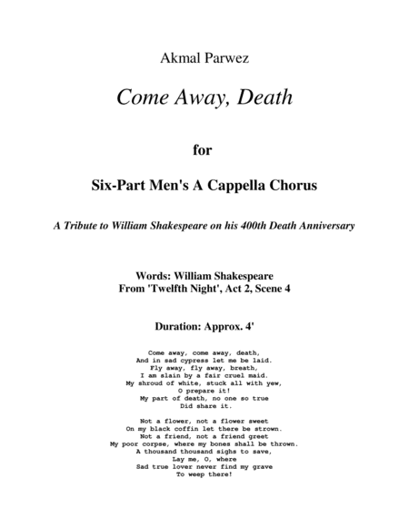 Come Away Death For 6 Part Mens Choir Aattbarb Sheet Music